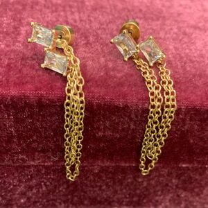 Elegant Gold tone Chain Drop & CZ Earrings